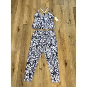 Kinesis Abstract Print Activewear Set Women 1X Blue White Tank Leggings Pockets